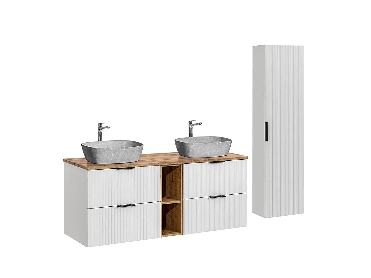 Ensemble meuble double vasque 140cm 2 niches et colonne Adriel Blanc et effet Pierre