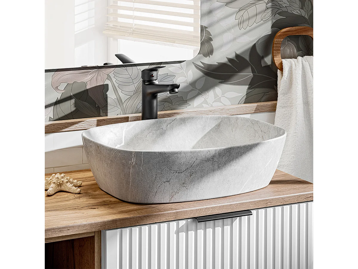 Ensemble meuble double vasque 140cm 2 niches et colonne Adriel Blanc et effet Pierre