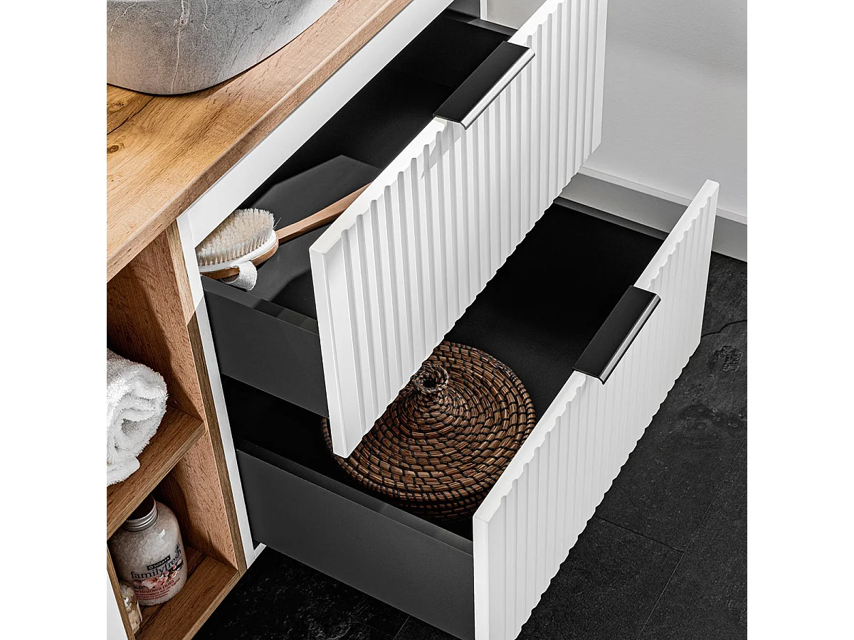 Ensemble meuble double vasque 140cm 2 niches et colonne Adriel Blanc et effet Pierre