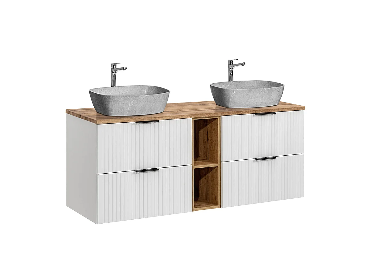 Ensemble meuble double vasque 140cm 2 niches et colonne Adriel Blanc et effet Pierre