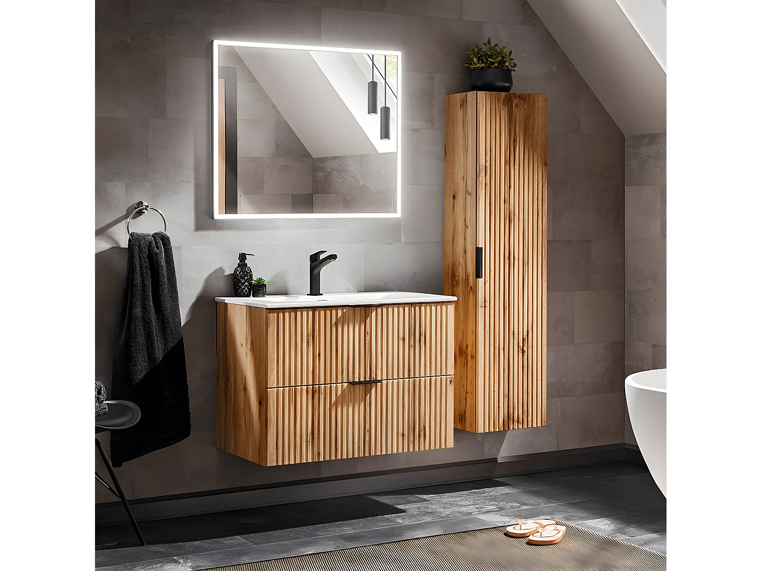 Ensemble meuble simple vasque encastrée 80cm et colonne Adriel Bois