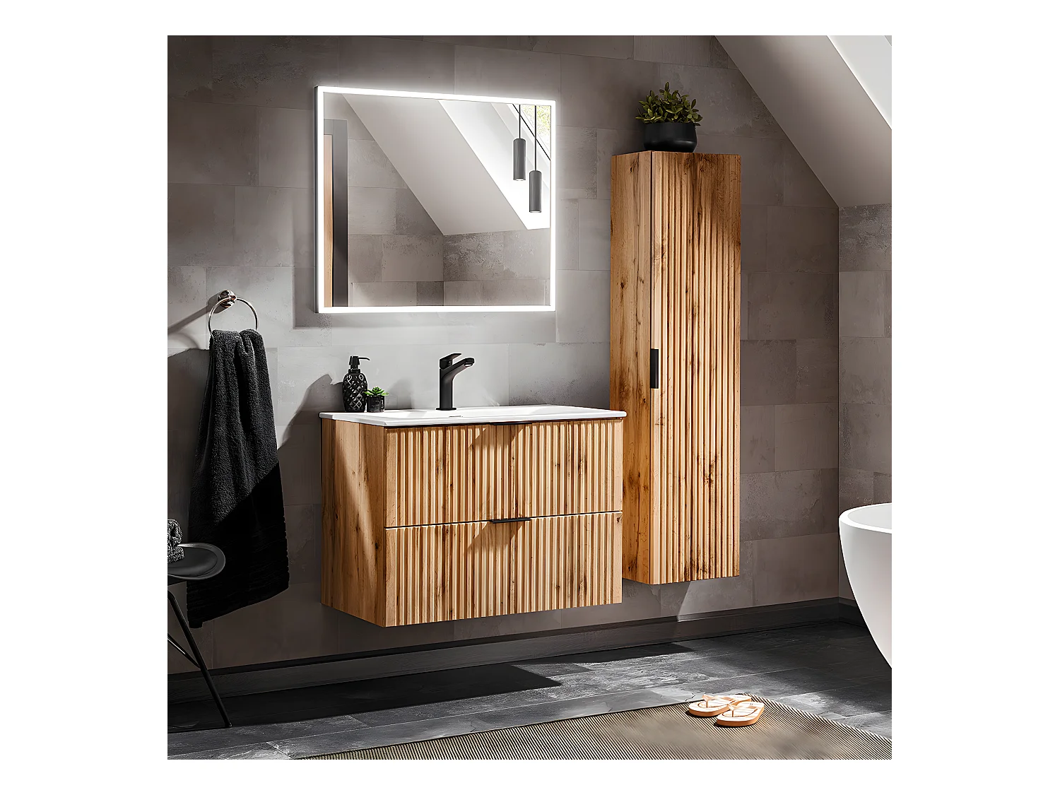 Ensemble meuble simple vasque encastrée 80cm et colonne Adriel Bois