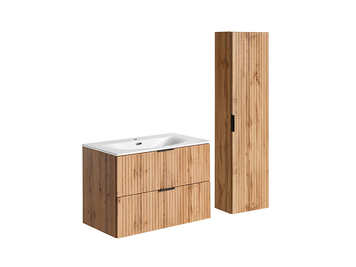 Ensemble meuble simple vasque encastrée 80cm et colonne Adriel Bois