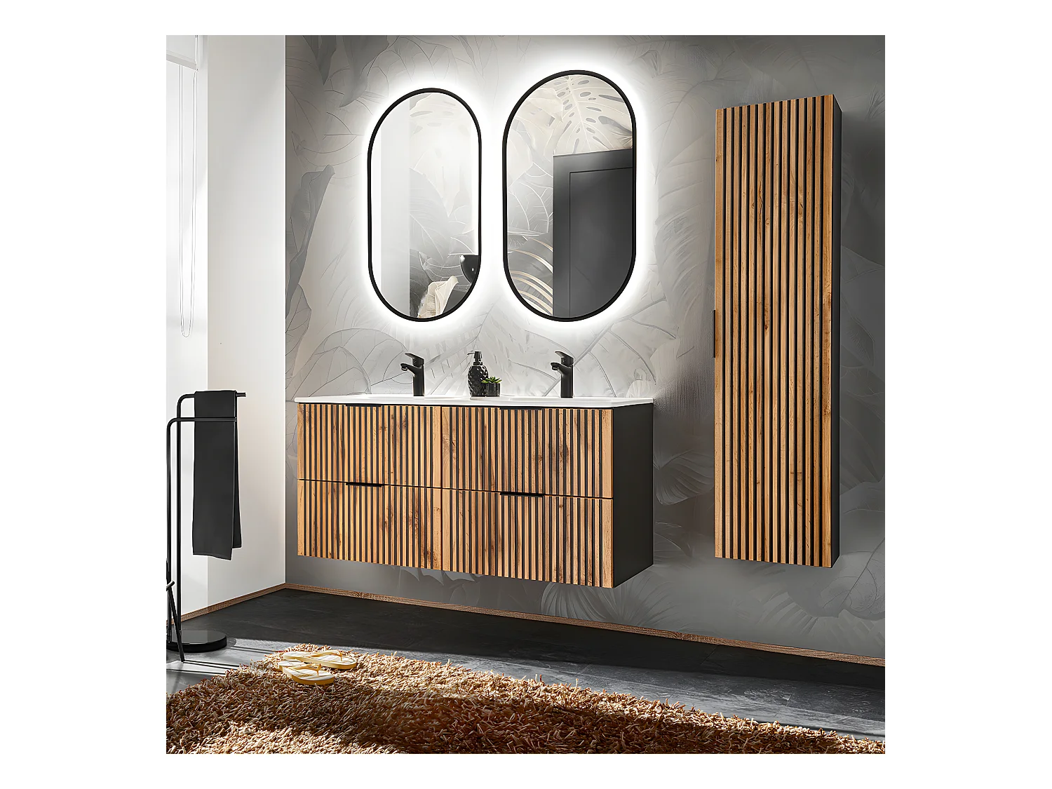 Ensemble meuble double vasque encastrée 120cm et colonne Gaia Bois