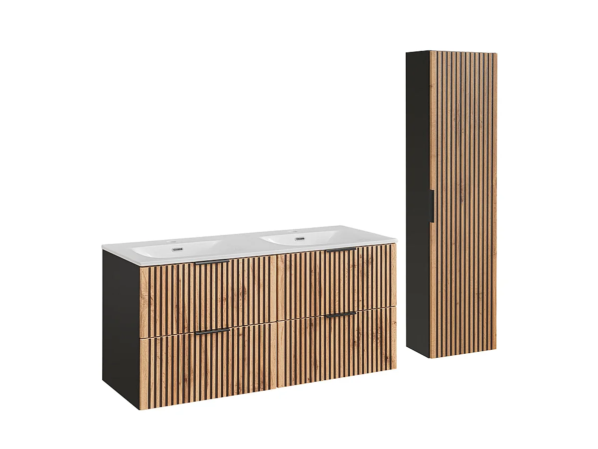 Ensemble meuble double vasque encastrée 120cm et colonne Gaia Bois