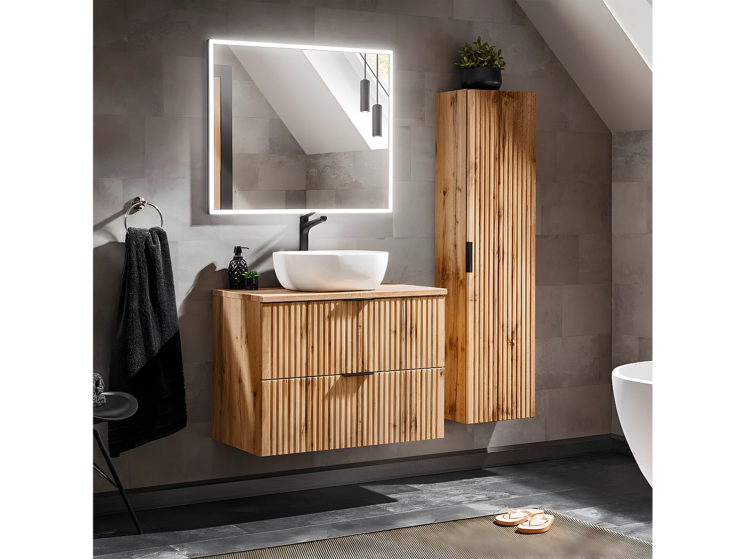 Ensemble meuble simple vasque 80cm et colonne Adriel Bois