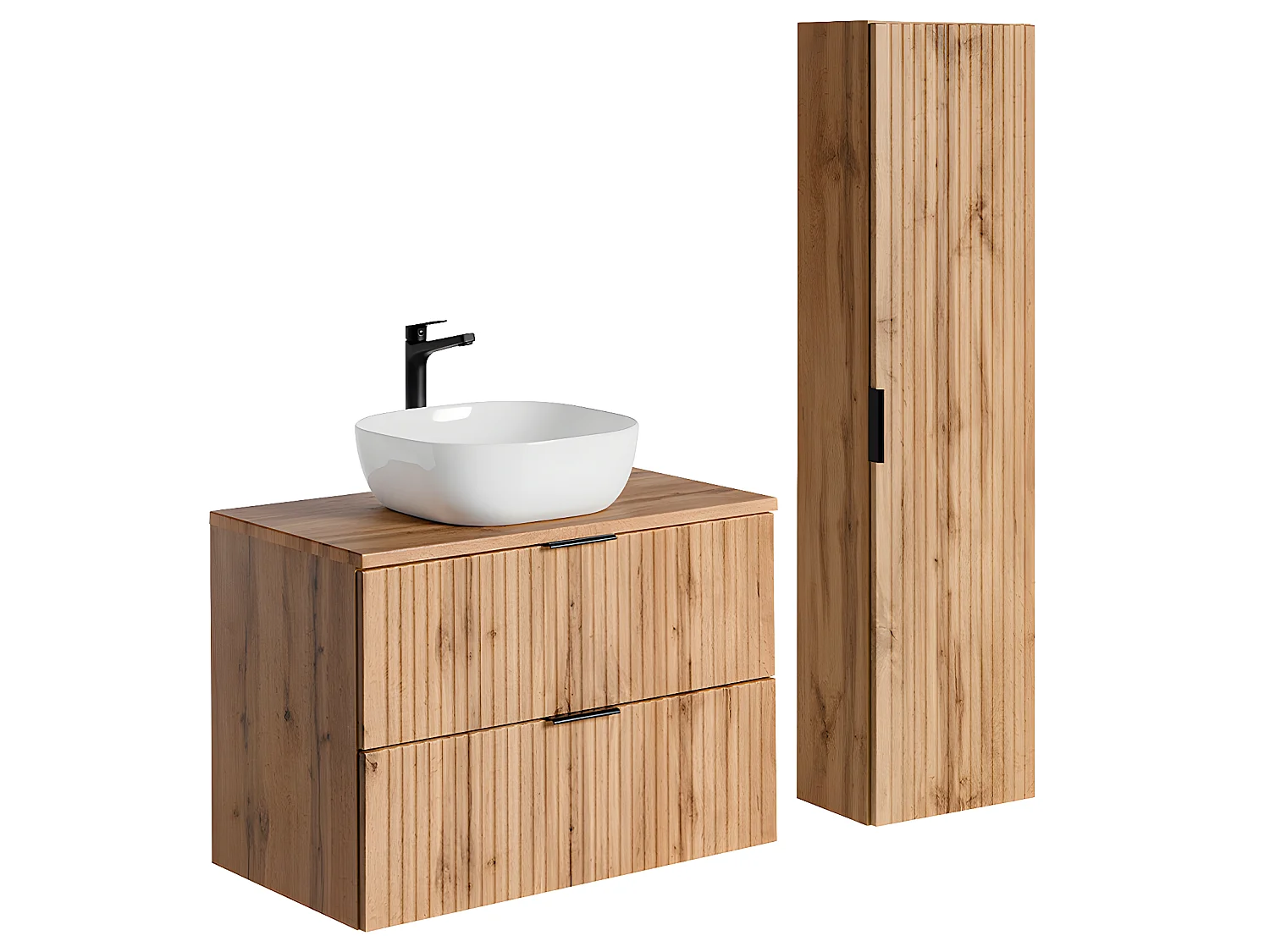 Conjunto mueble lavabo individual de 80 cm y columna Adriel Madera