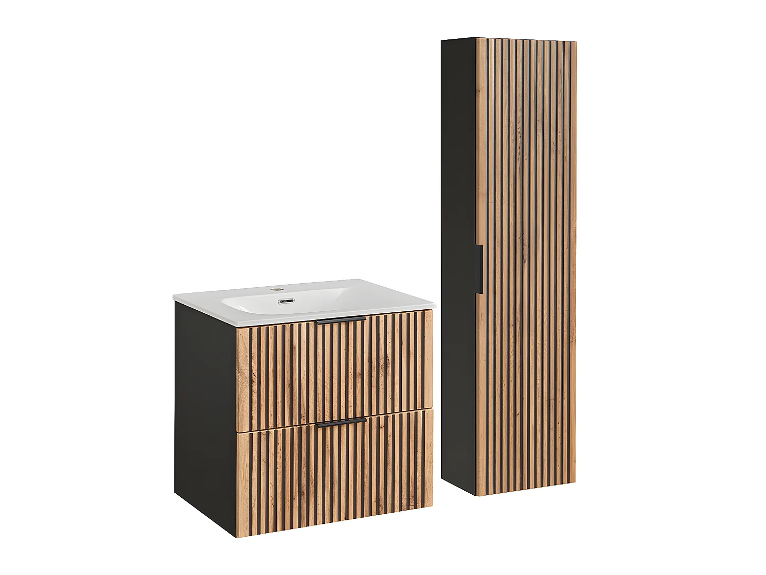 Ensemble meuble simple vasque encastrée 60cm et colonne Gaia Bois et Noir