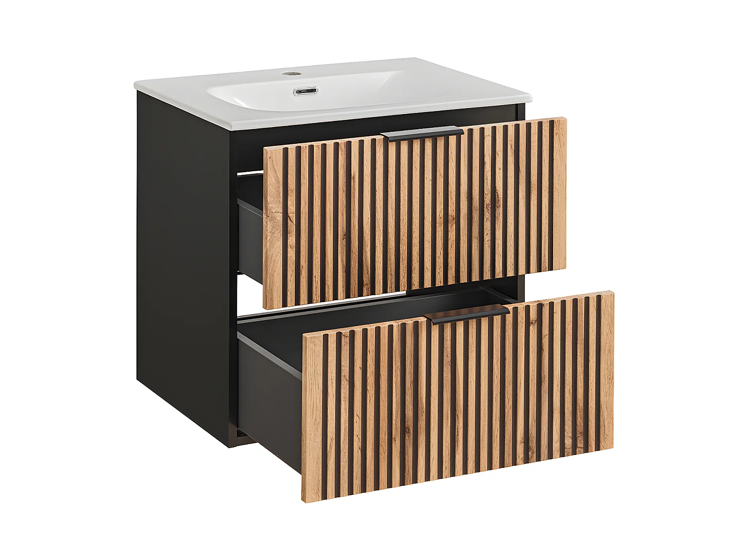 Conjunto mueble lavabo individual encastrado 60 cm y columna Gaia Madera y Negro