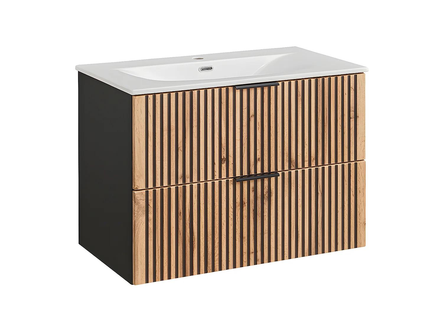 Conjunto mueble lavabo individual encastrado 80 cm y columna Gaia Madera y Negro