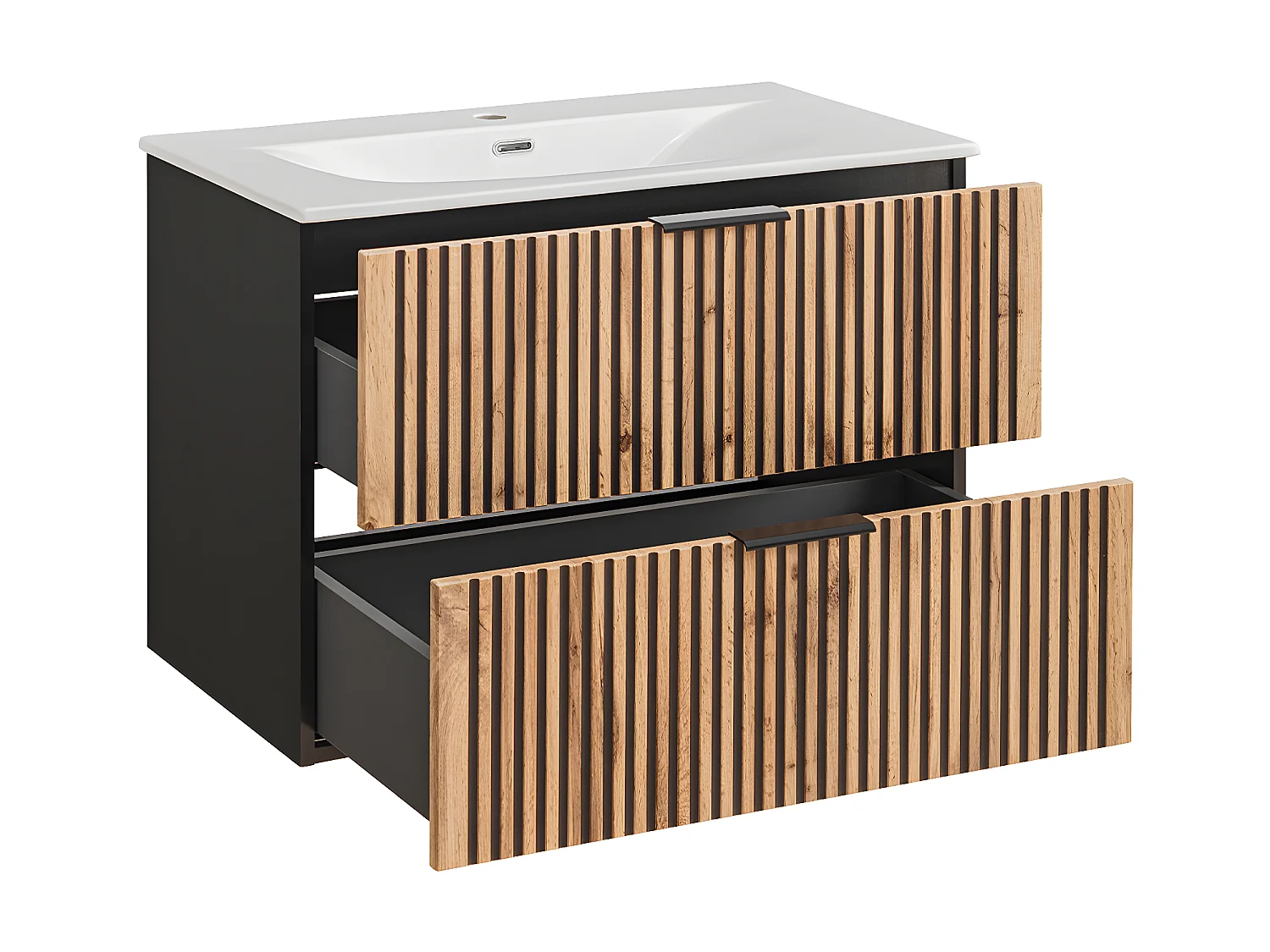 Conjunto mueble lavabo individual encastrado 80 cm y columna Gaia Madera y Negro