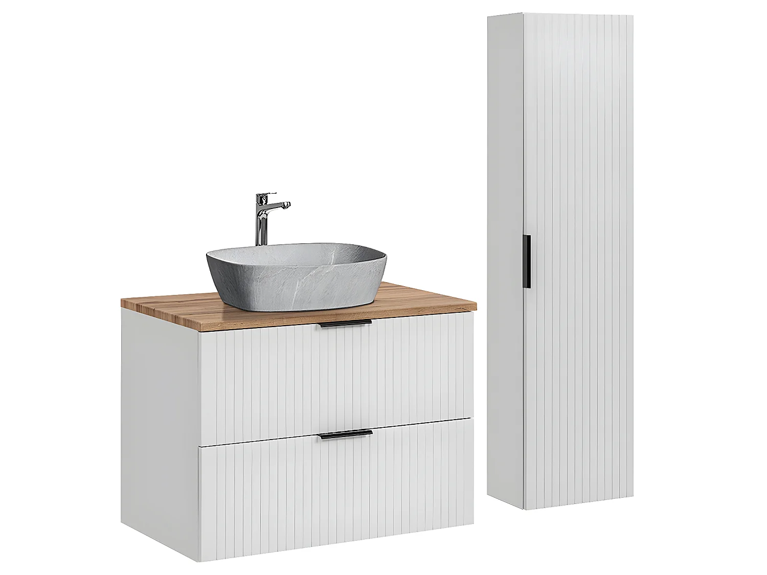 Ensemble meuble simple vasque 80cm et colonne Adriel Blanc et effet Pierre