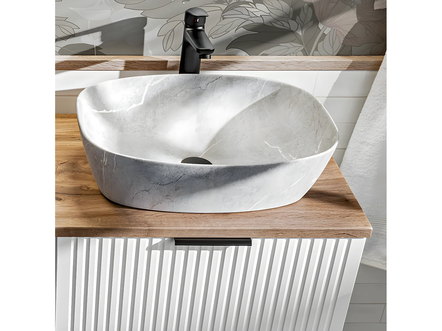 Ensemble meuble simple vasque 80cm et colonne Adriel Blanc et effet Pierre