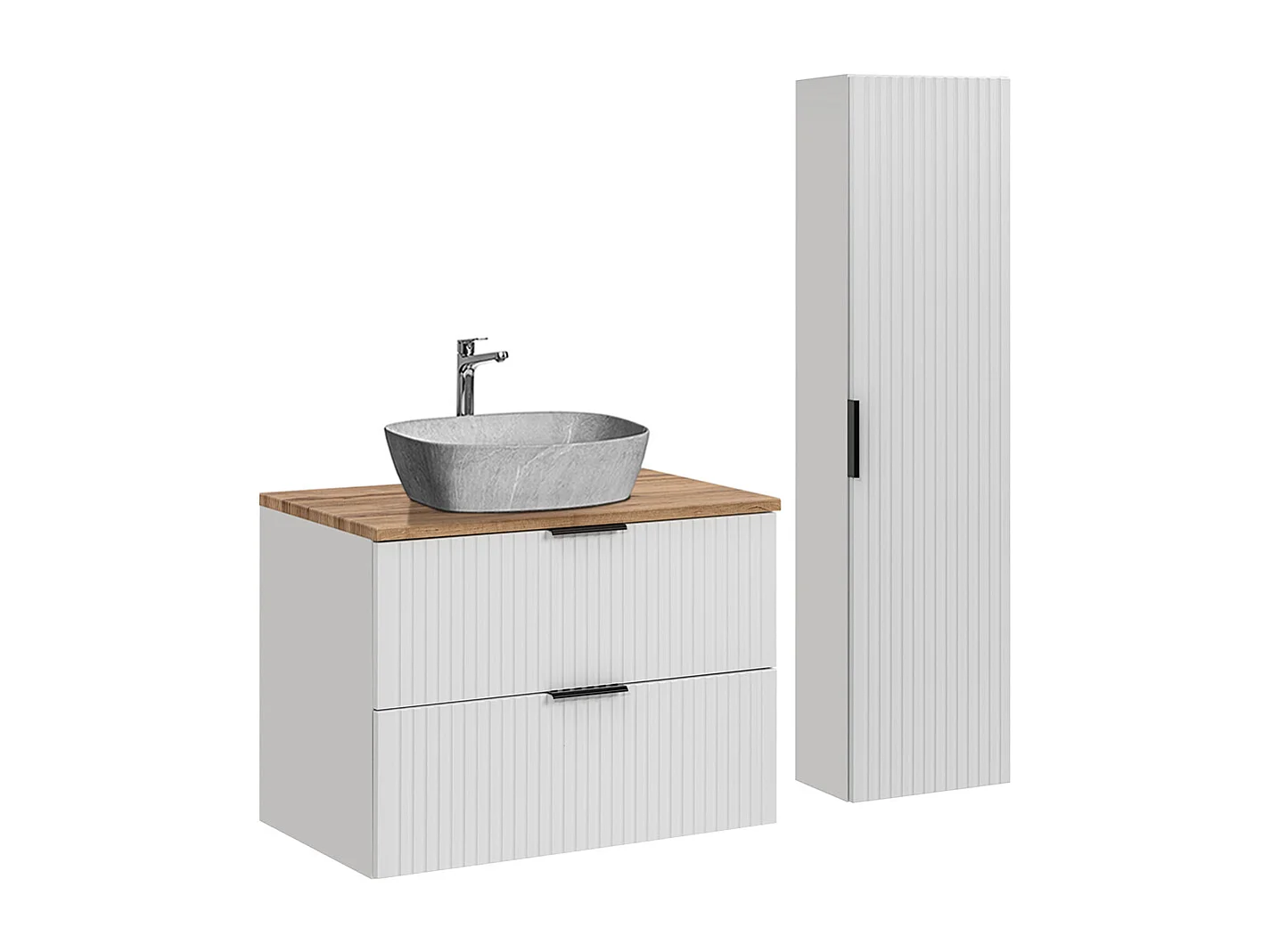 80 cm enkel tvättställsskåp med Adriel vit och steneffekt piedestal