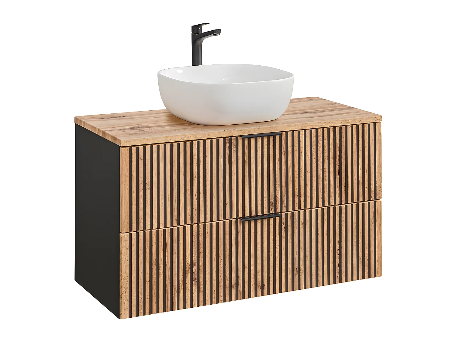 100cm enkele wastafel met Gaia hout en zwarte kolom