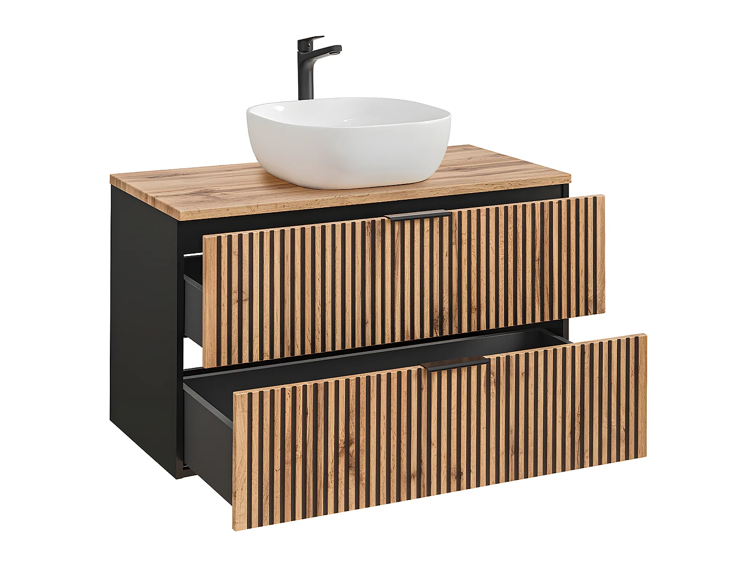 100cm enkele wastafel met Gaia hout en zwarte kolom