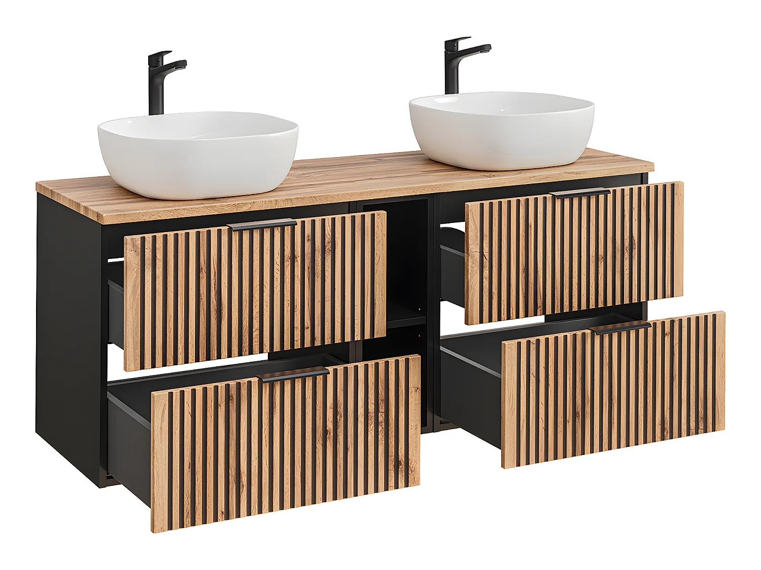 Ensemble meuble double vasque 140cm 2 niches et colonne Gaia Bois et Noir