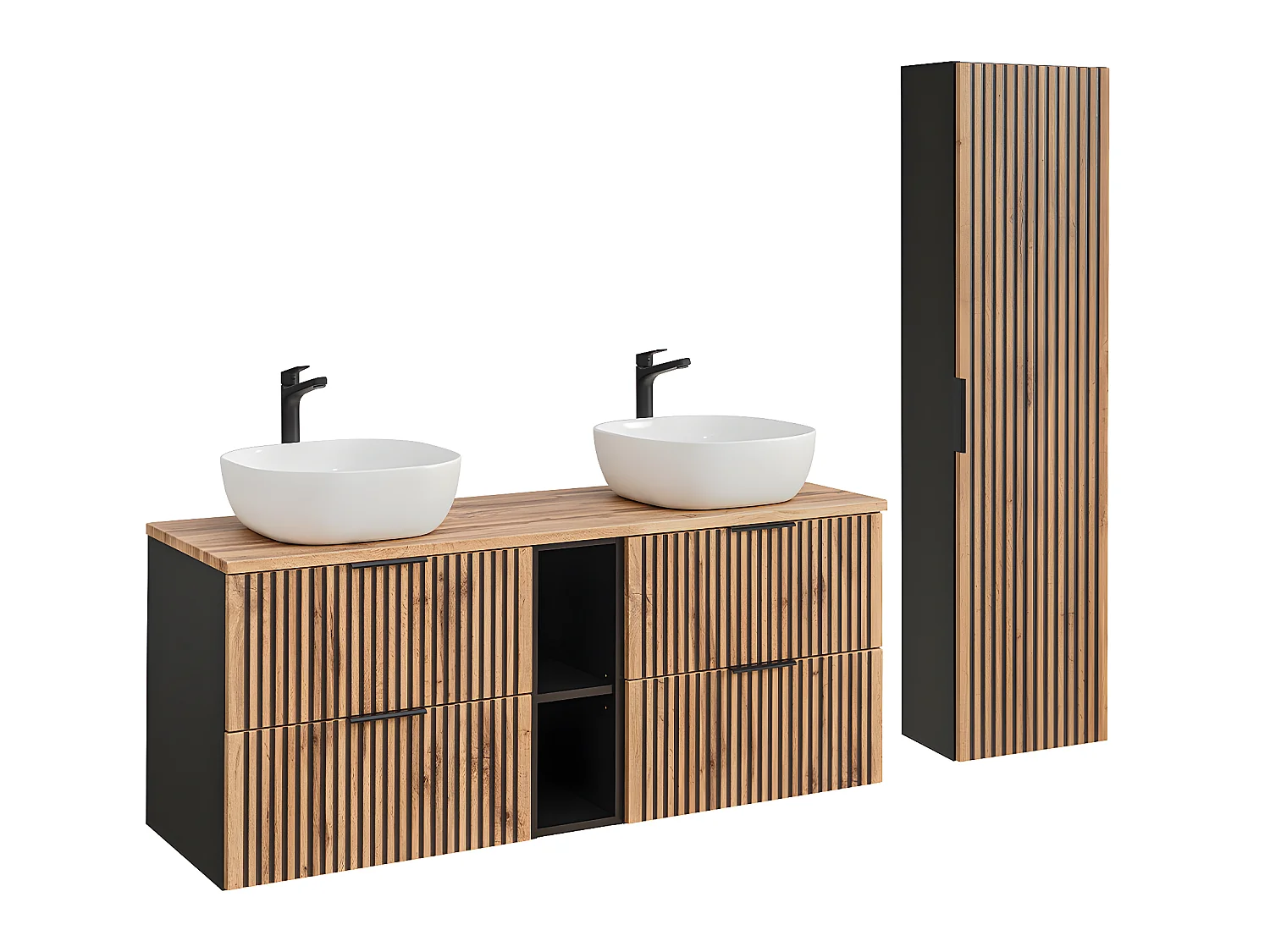 Ensemble meuble double vasque 140cm 2 niches et colonne Gaia Bois et Noir