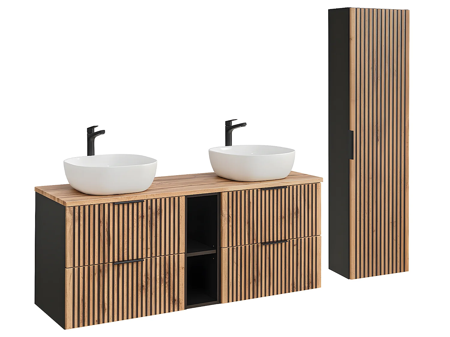 Conjunto mueble doble lavabo 140cm 2 nichos y columna Gaia Madera y Negro