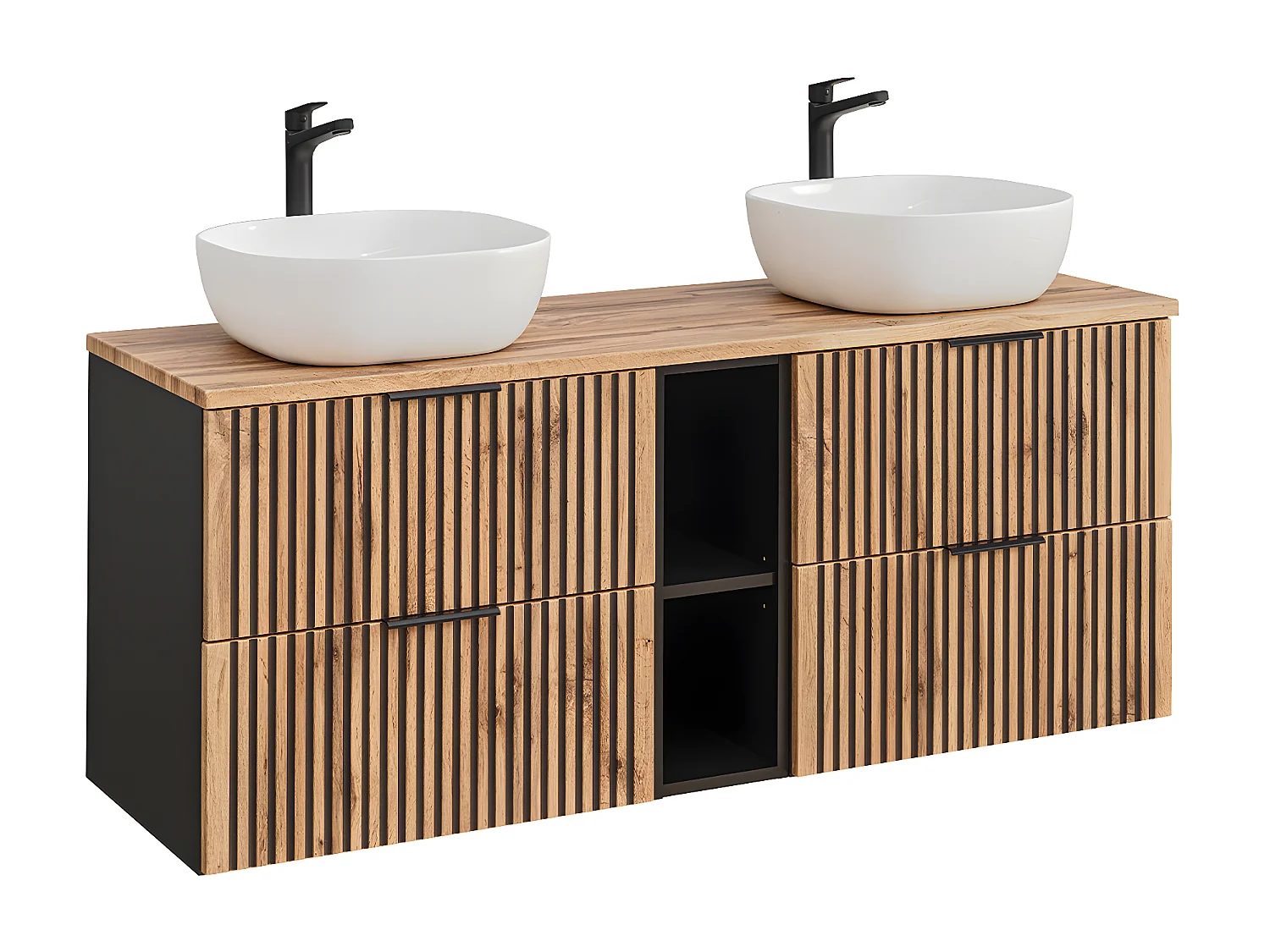 Conjunto mueble doble lavabo 140cm 2 nichos y columna Gaia Madera y Negro