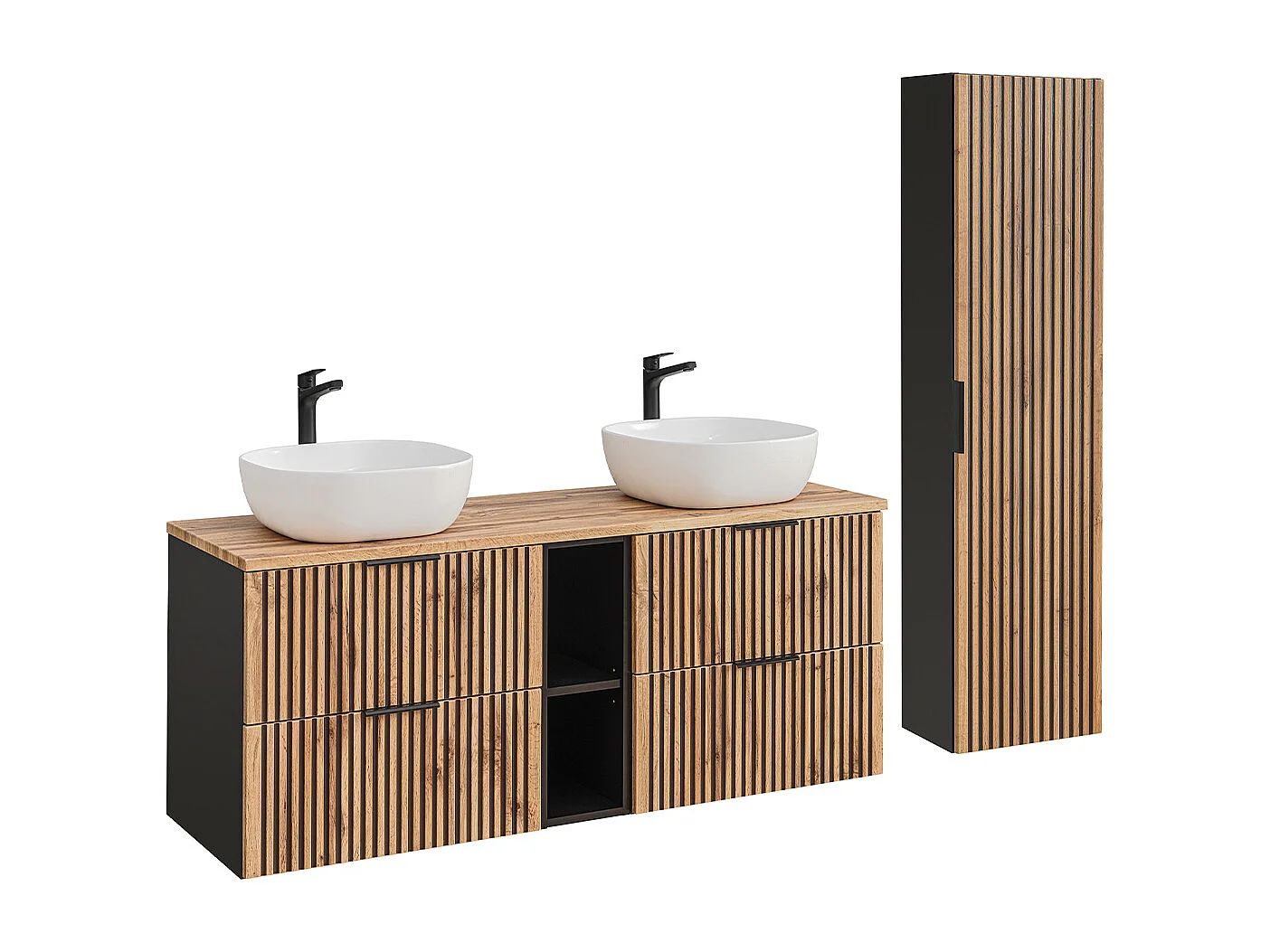 Dobbelt håndvask 140 cm 2 nicher og søjle Gaia Wood og Black