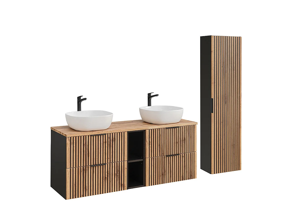 Double basin unit 140cm 2 niches and column Gaia Wood and Black