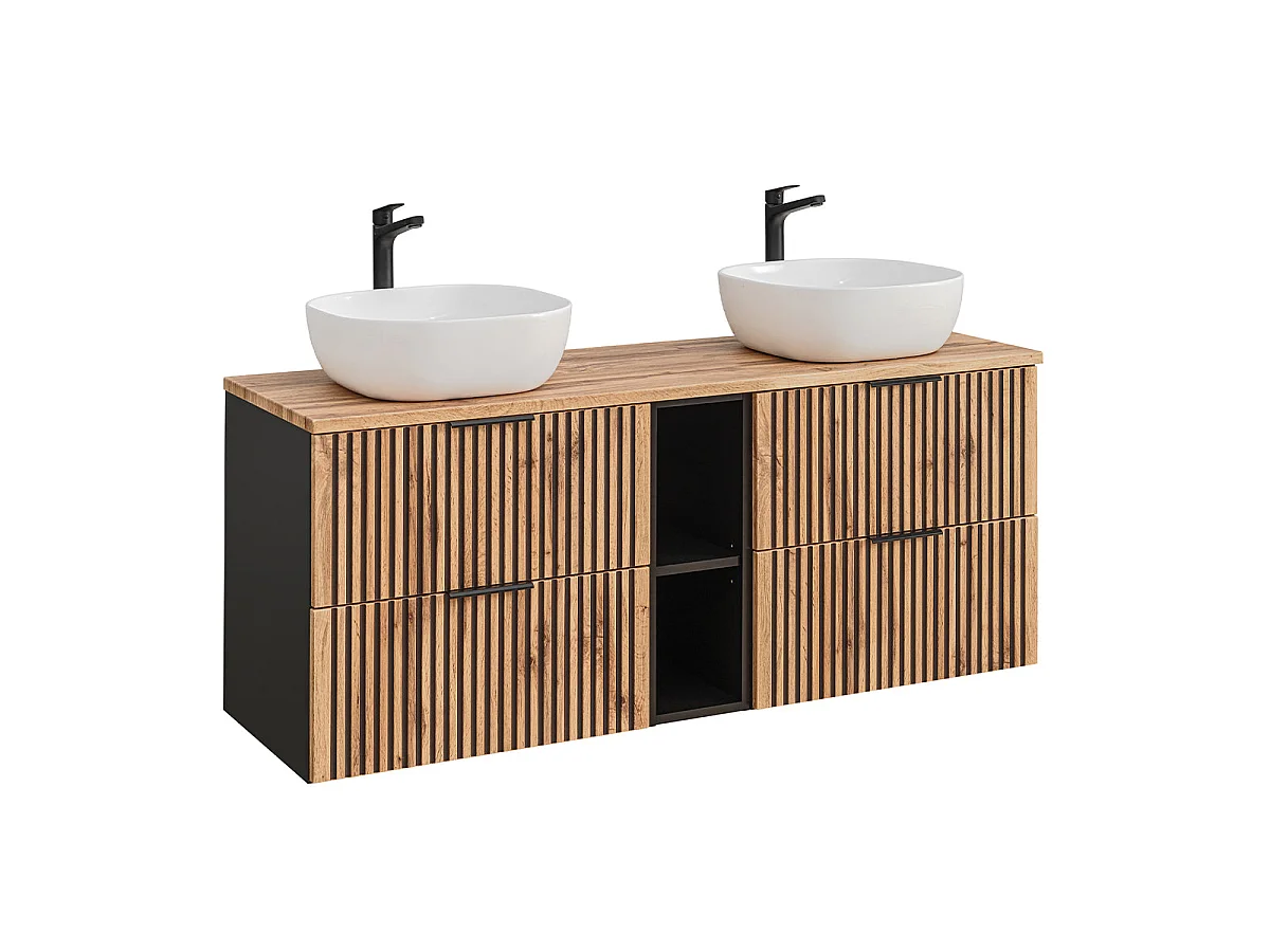 Double basin unit 140cm 2 niches and column Gaia Wood and Black