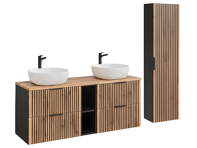 Conjunto mueble doble lavabo 140cm 2 nichos y columna Gaia Madera y Negro