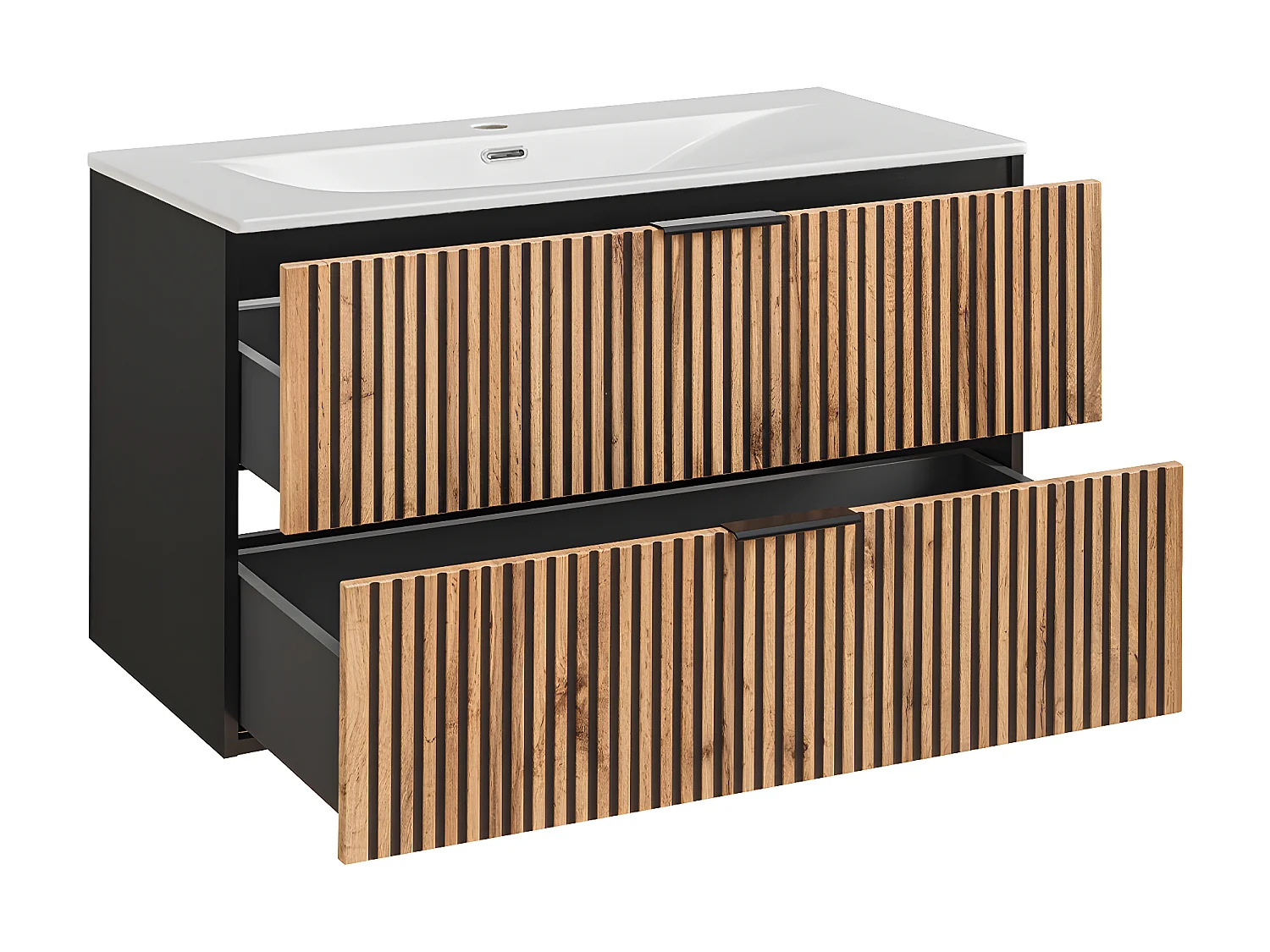 Ensemble meuble simple vasque encastrée 100cm et colonne Gaia Bois et Noir