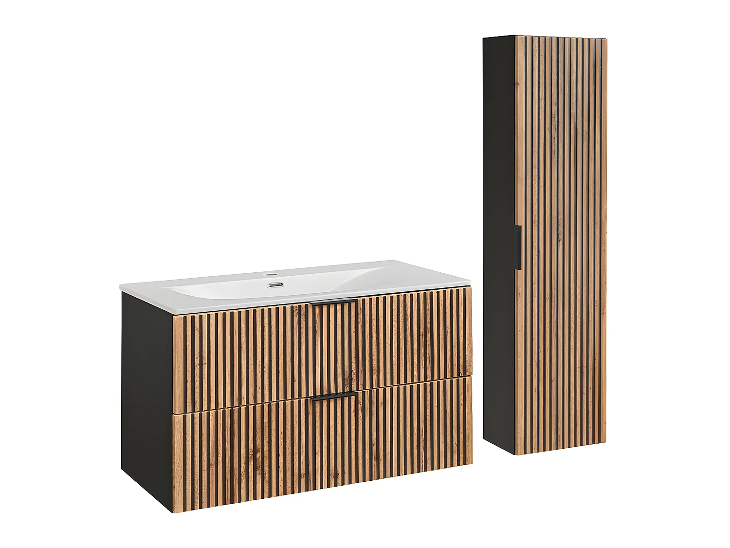 Ensemble meuble simple vasque encastrée 100cm et colonne Gaia Bois et Noir