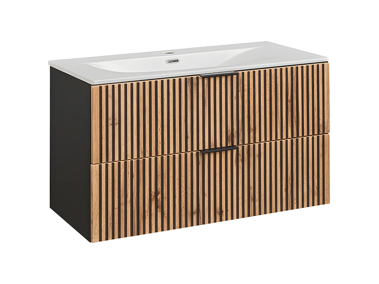 Conjunto mueble lavabo individual encastrado 100 cm y columna Gaia Madera y Negro