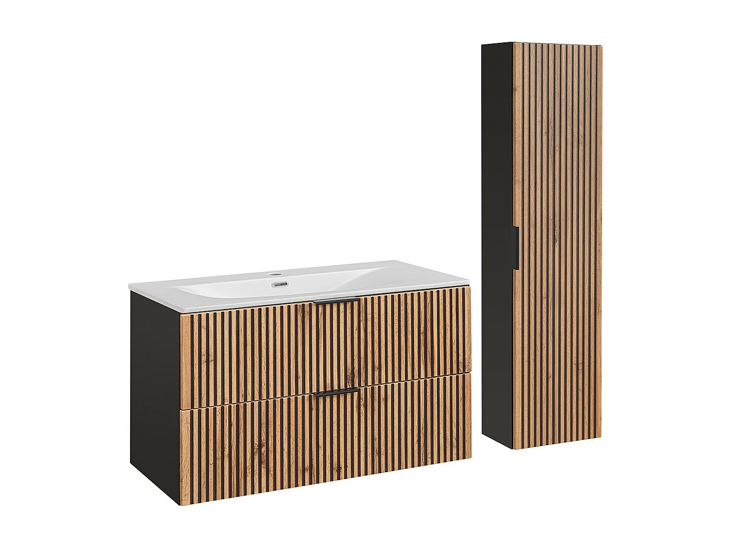Set aus Einzelmöbel mit Einbauwaschbecken 100cm und Säule Gaia Holz und Schwarz