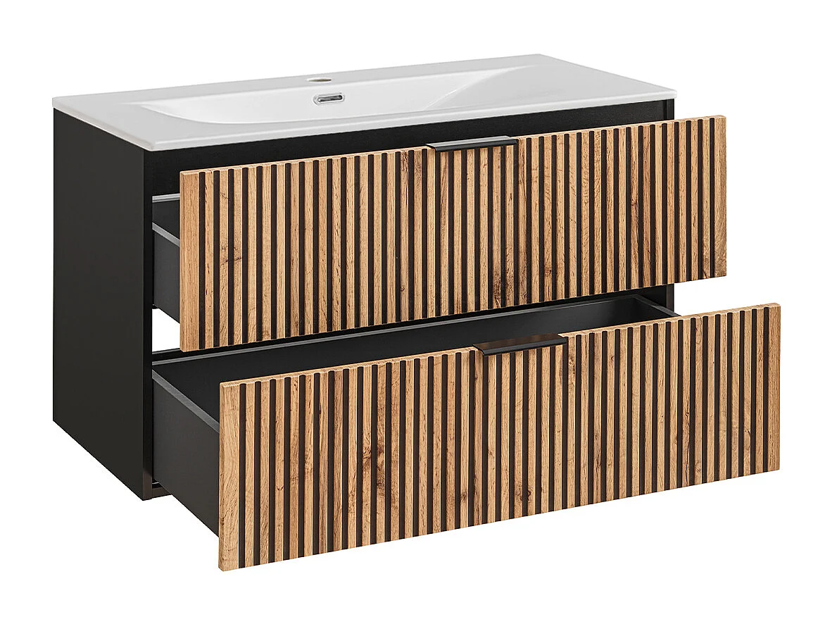 Set aus Einzelmöbel mit Einbauwaschbecken 100cm und Säule Gaia Holz und Schwarz