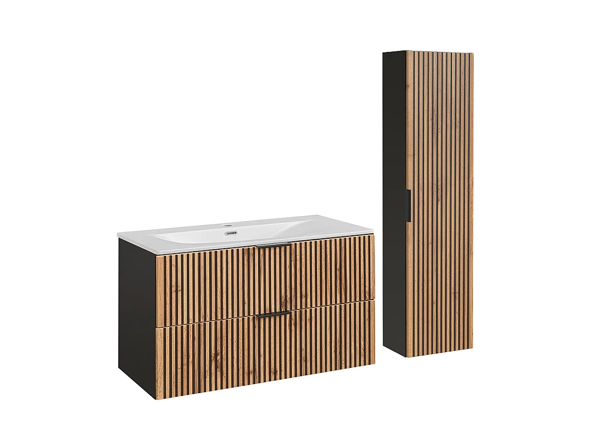 Conjunto Móvel Lavatório Individual 100cm e Coluna Gaia Madeira e Preto