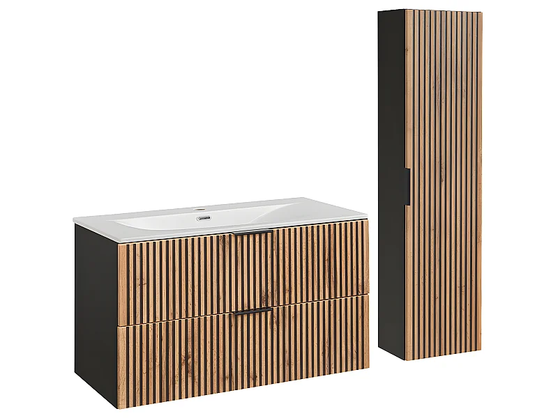 Conjunto mueble lavabo individual encastrado 100 cm y columna Gaia Madera y Negro