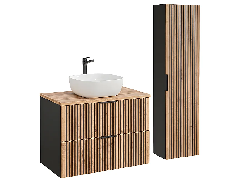 Conjunto de móveis de casa de banho com lavatório Gaia madeira com aspeto de carvalho e preto 80cm