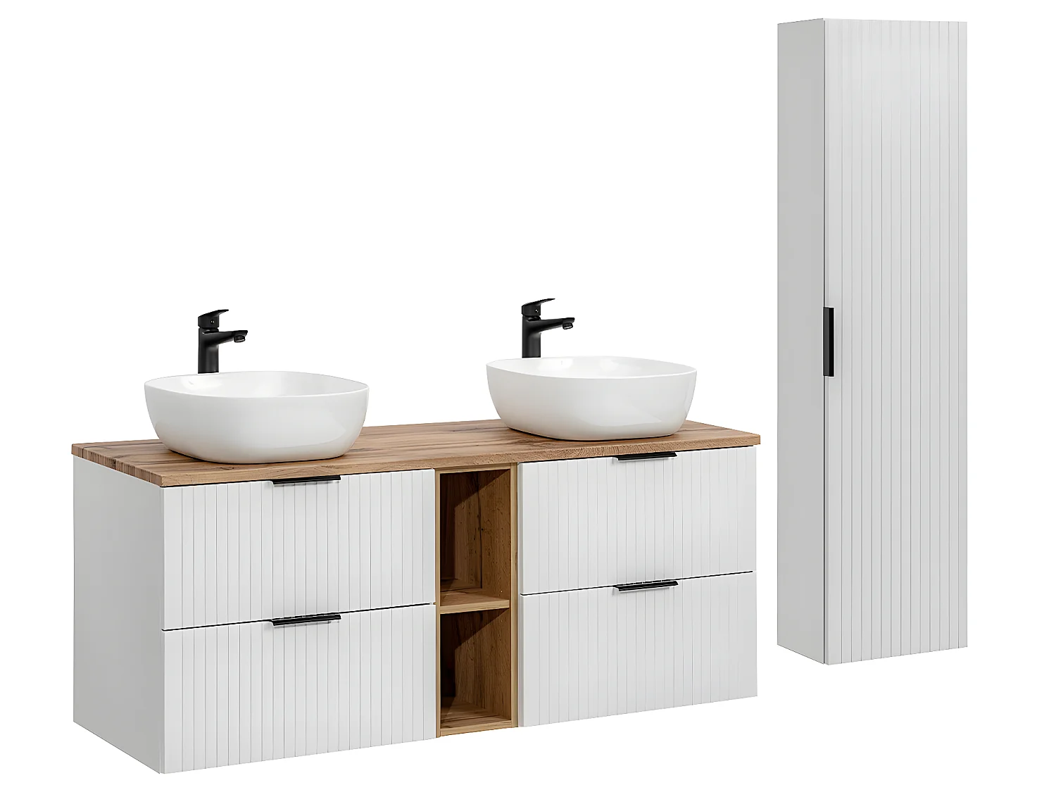 Ensemble meuble double vasque 140cm 2 niches et colonne Adriel Blanc