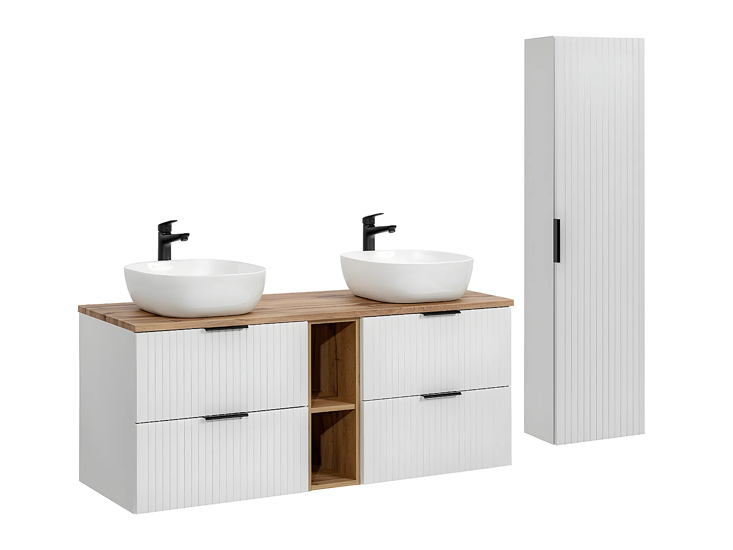 Ensemble meuble double vasque 140cm 2 niches et colonne Adriel Blanc