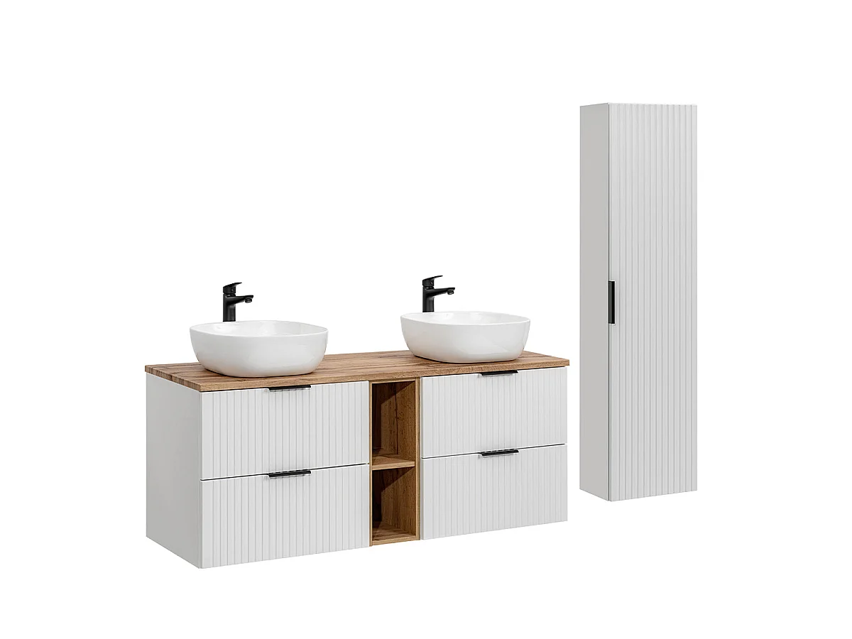 Ensemble meuble double vasque 140cm 2 niches et colonne Adriel Blanc