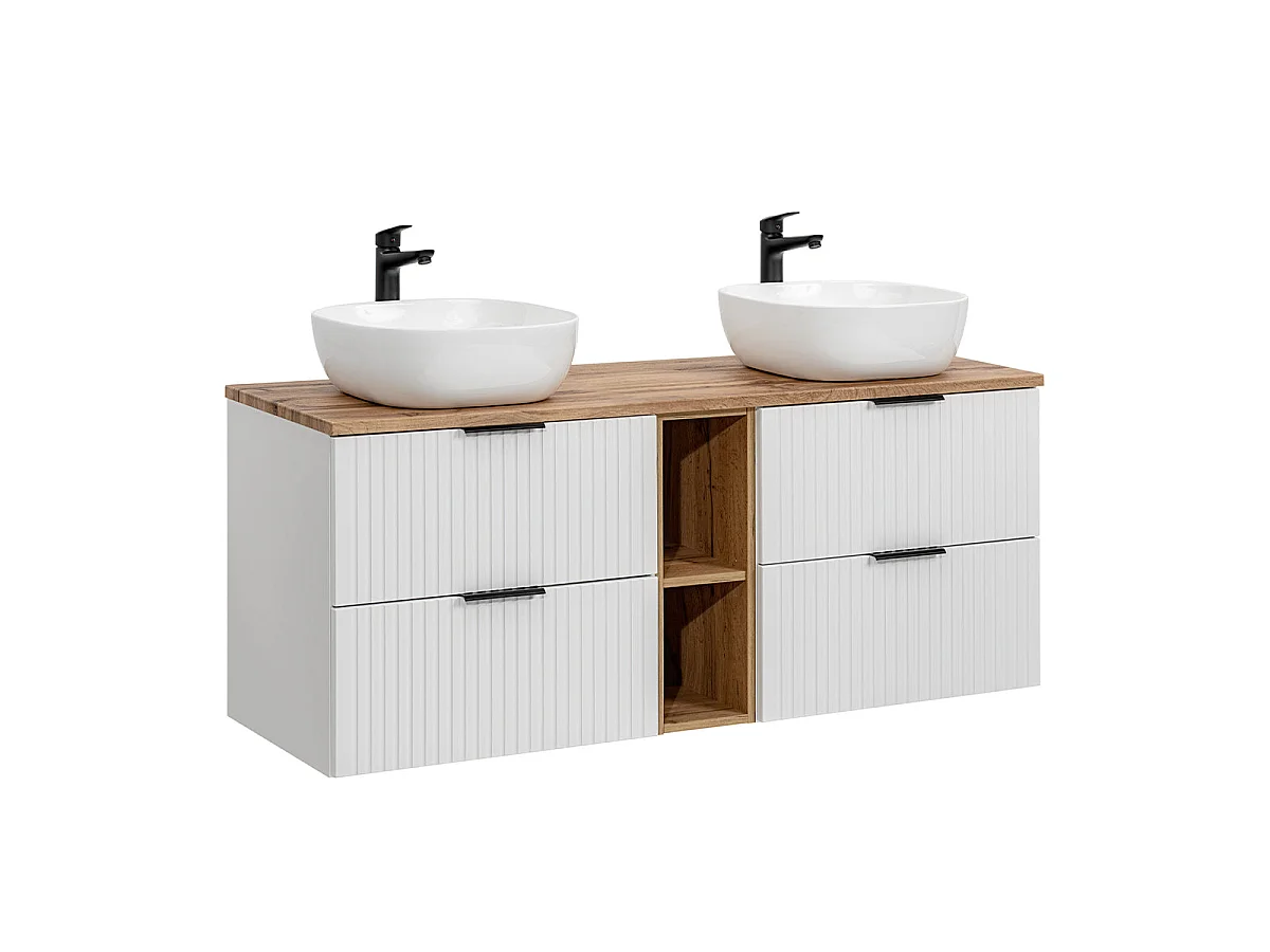 Ensemble meuble double vasque 140cm 2 niches et colonne Adriel Blanc