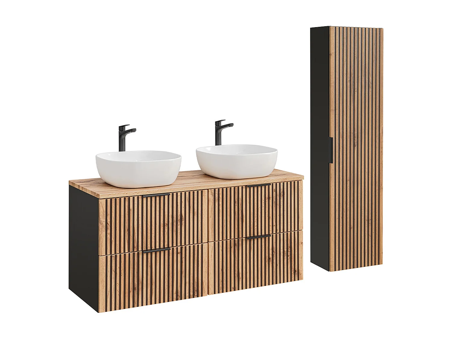 Conjunto de móveis de casa de banho com lavatório duplo Gaia madeira com aspeto de carvalho e preto 120cm