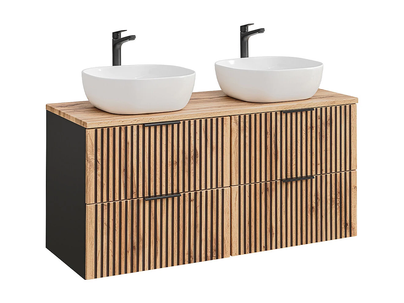 Conjunto de móveis de casa de banho com lavatório duplo Gaia madeira com aspeto de carvalho e preto 120cm