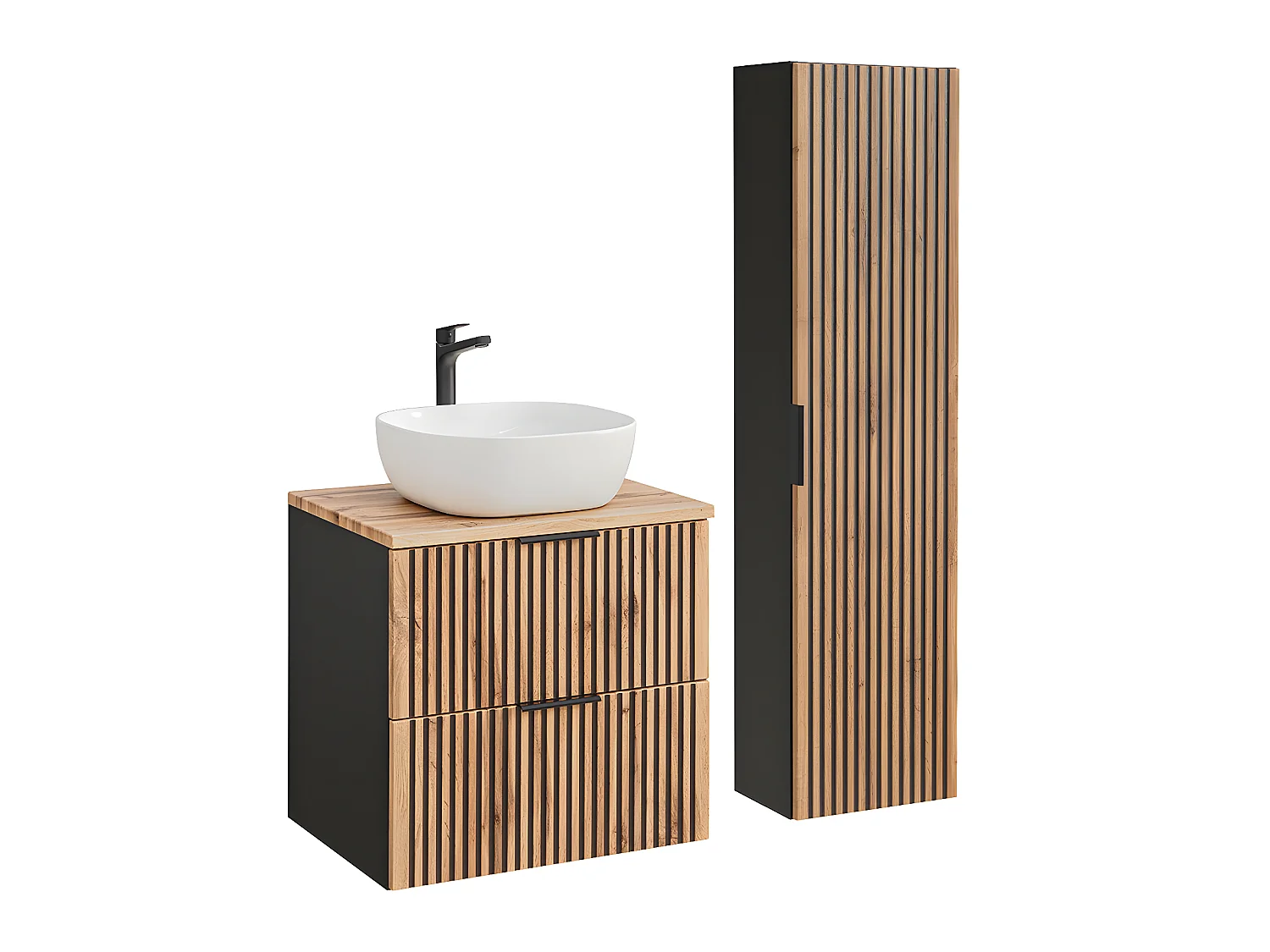 Conjunto de móveis de casa de banho com lavatório Gaia madeira com aspeto de carvalho e preto 60cm