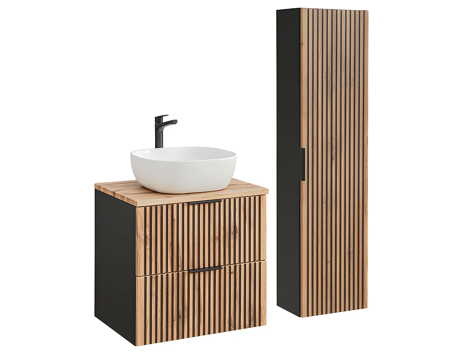 Conjunto mueble lavabo individual 60 cm y columna Gaia Madera y Negro
