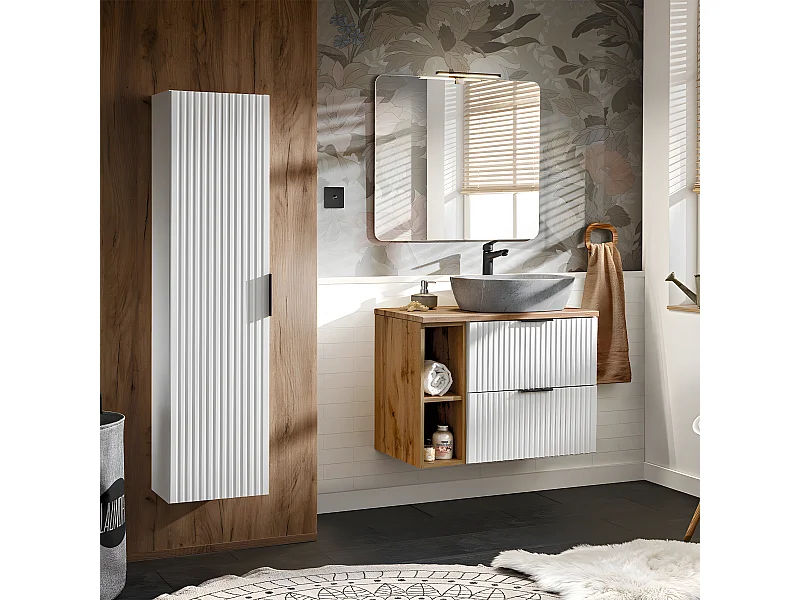 Adriel wit en steen effect enkele wastafel 80cm 2 nissen en sokkel