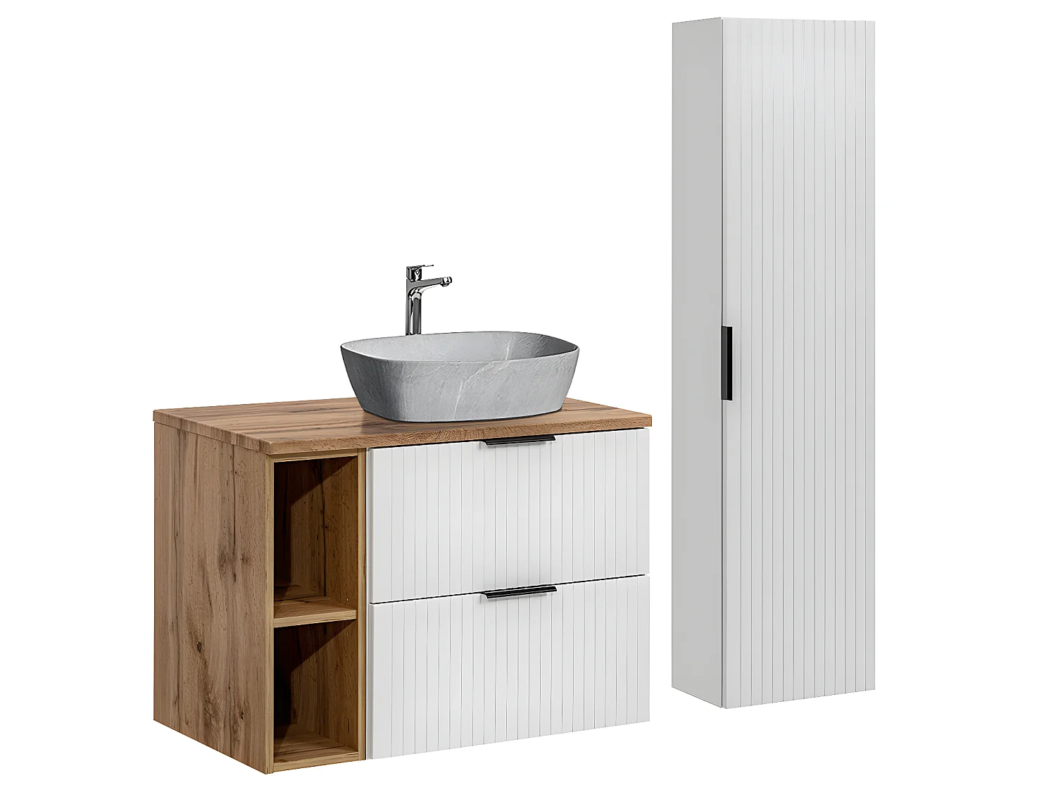 Ensemble meuble simple vasque 80cm 2 niches et colonne Adriel Blanc et effet Pierre