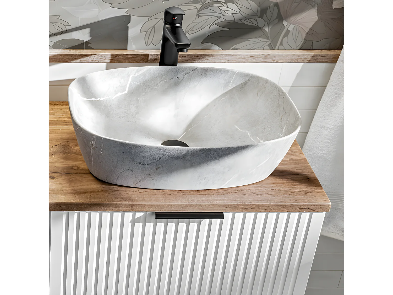 Ensemble meuble simple vasque 80cm 2 niches et colonne Adriel Blanc et effet Pierre