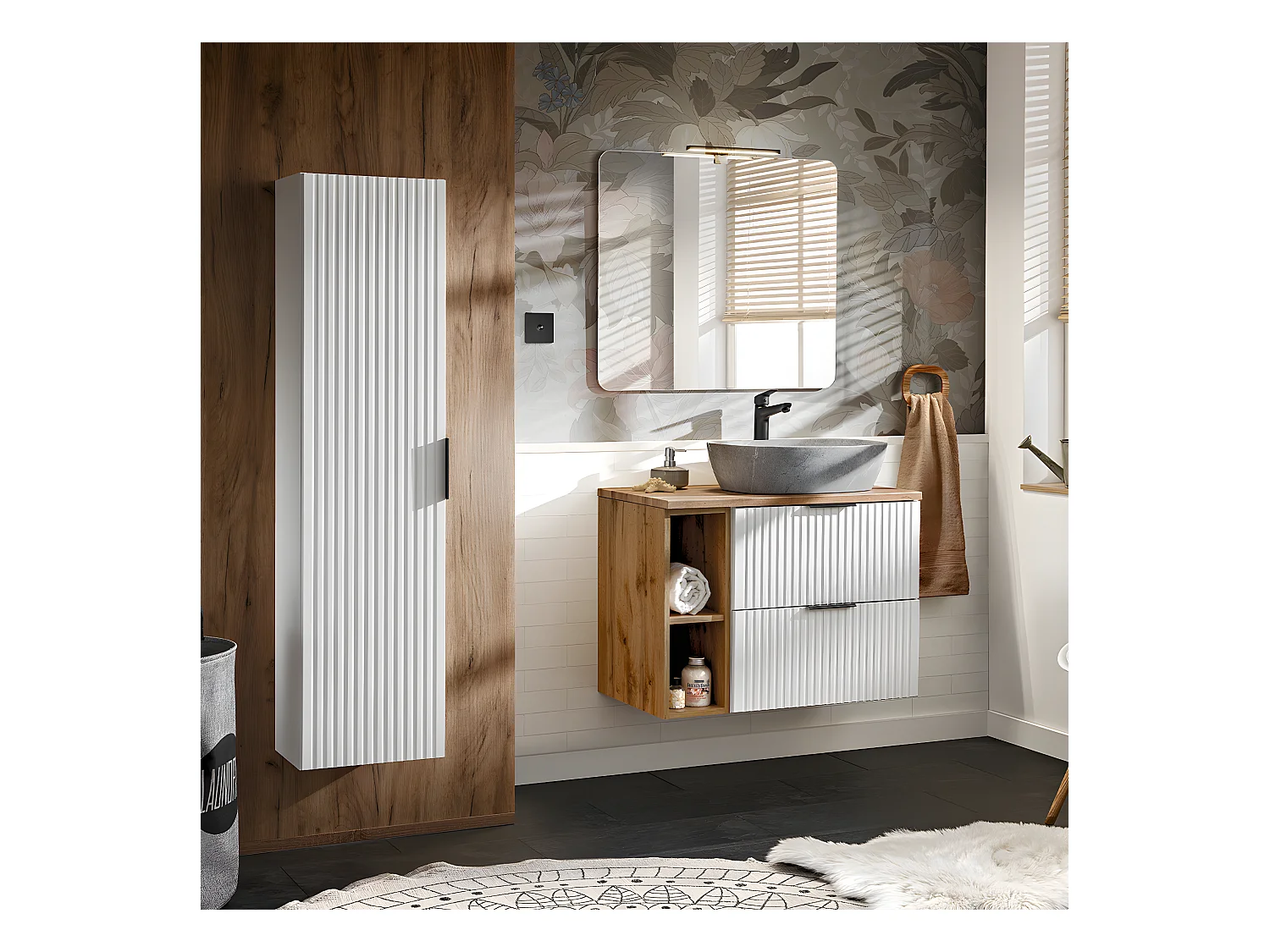 Ensemble meuble simple vasque 80cm 2 niches et colonne Adriel Blanc et effet Pierre