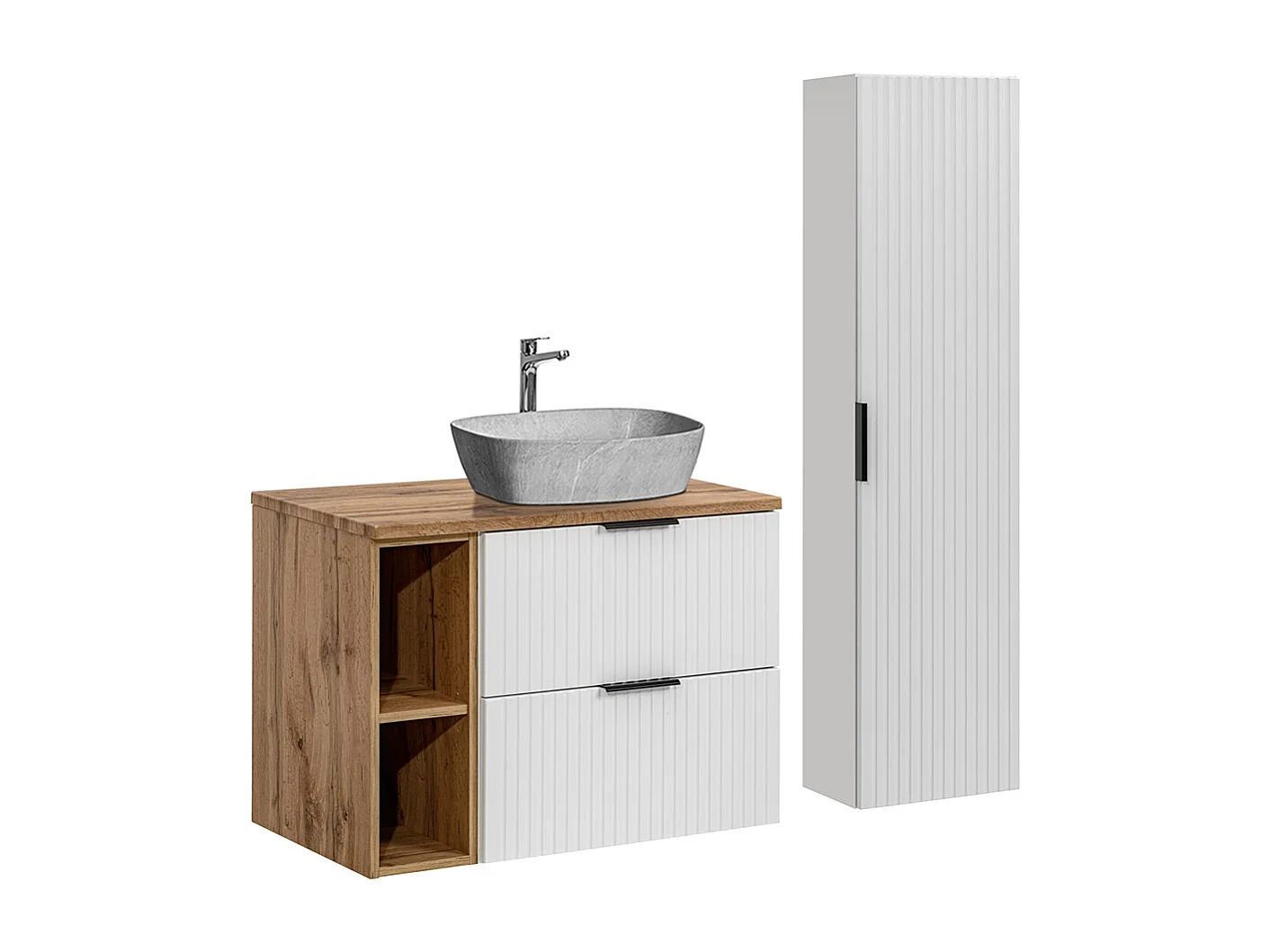 Adriel wit en steen effect enkele wastafel 80cm 2 nissen en sokkel