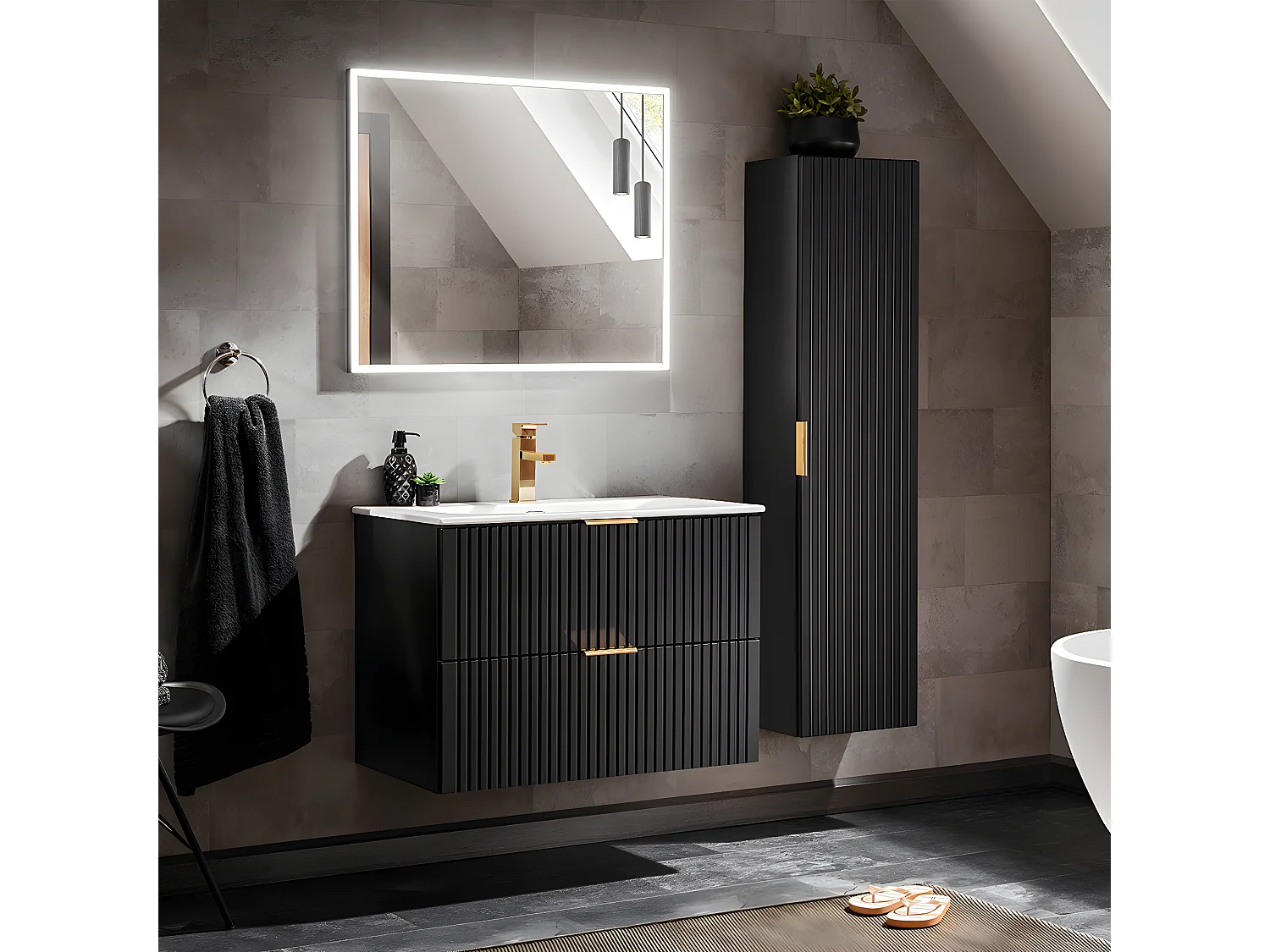 Conjunto mueble lavabo individual encastrado 80cm y columna Adriel Negro